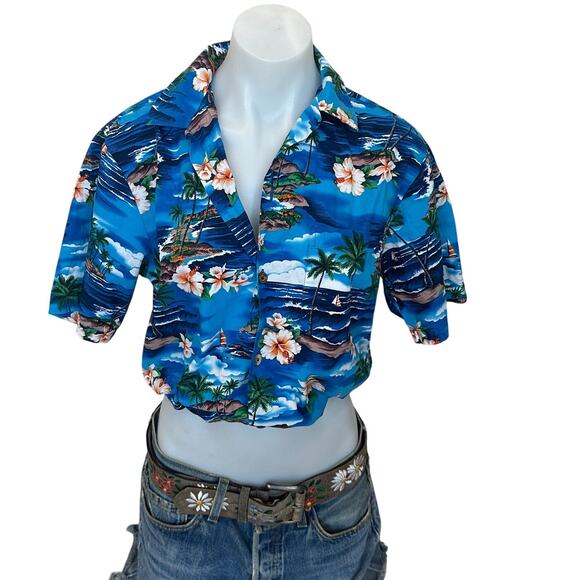 Hawaiian Shirt Blue Tropical Button Up Crop Top One Size Boxy Coconutgirl Unique - Picture 1 of 6